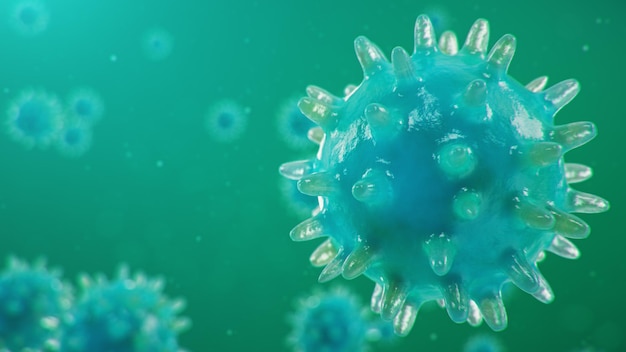 Brote de coronavirus, virus de la gripe y 2019-ncov. Concepto de pandemia, epidemia de células humanas. COVID-19 bajo el microscopio, patógeno que afecta el sistema respiratorio, ilustración 3d