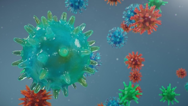 Brote de coronavirus, virus de la gripe y 2019-ncov. Concepto de pandemia, epidemia de células humanas. COVID-19 bajo el microscopio, patógeno que afecta el sistema respiratorio, ilustración 3d