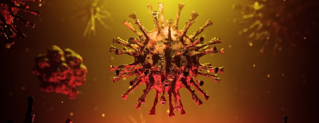 Brote de coronavirus, vista microscópica de las células del virus de la influenza. Ilustración 3D