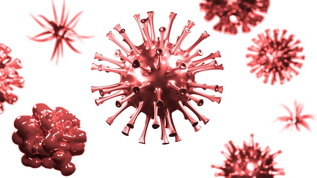 Brote de coronavirus, vista microscópica de las células del virus de la influenza. Ilustración 3D