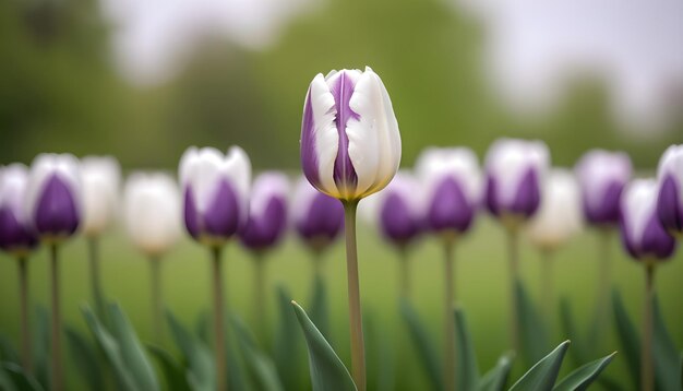 el brote de una flor de tulipán púrpura blanca en pleno florecimiento de cerca