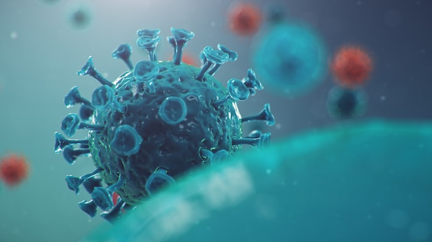 Foto brote de influenza china: llamado coronavirus o 2019-ncov, que se ha extendido por todo el mundo. peligro de una pandemia, epidemia de humanidad. células humanas, el virus infecta las células. ilustración 3d