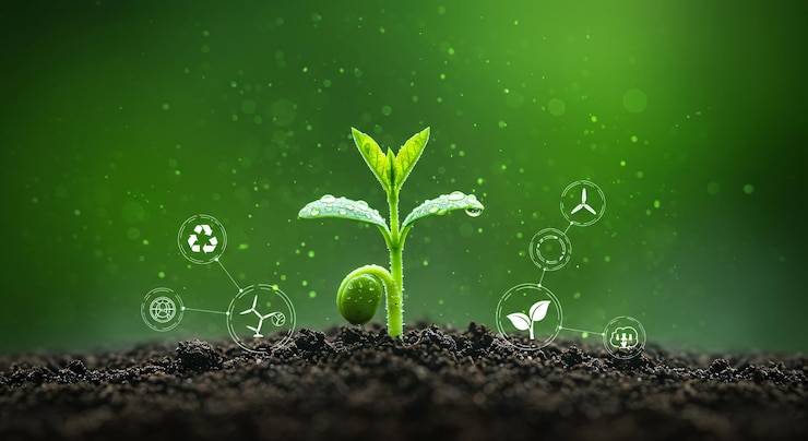 Brote de una nueva planta con íconos verdes que representan la ecología y la sostenibilidad