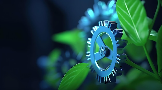 Brote de planta verde con hélice de molécula de ADN 3d azul Estilo Lowpoly Estilo de marco de neón abstracto IA generativa