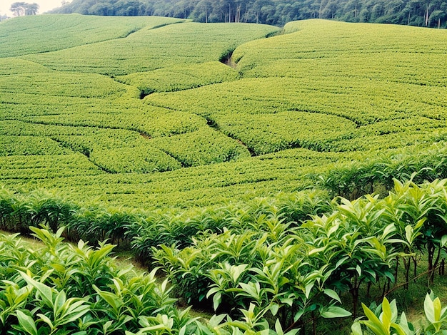 brote de té verde y hojas de plantaciones de té verde en la mañana