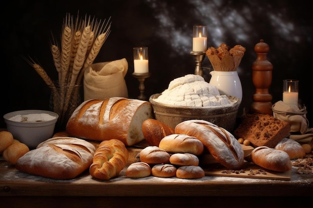 Brote und Brote auf einem Tisch mit Kerzen