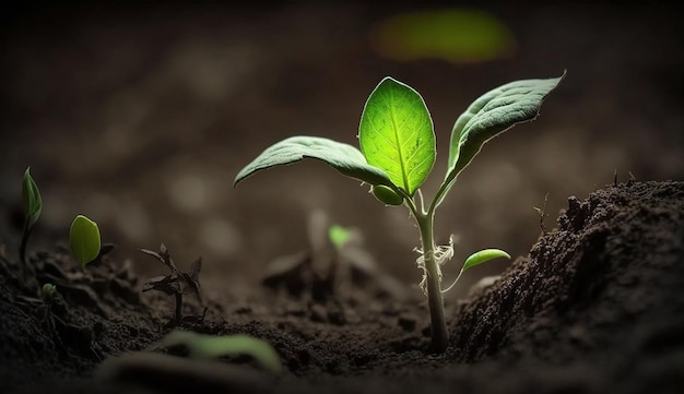 Brote verde joven en el suelo Proceso de cultivo de plantas en el jardín para la agricultura de fondo