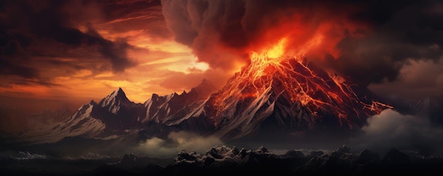 Foto brote de volcán activo lava en grandes montañas en forma de niebla alrededor cerca del panorama de lava