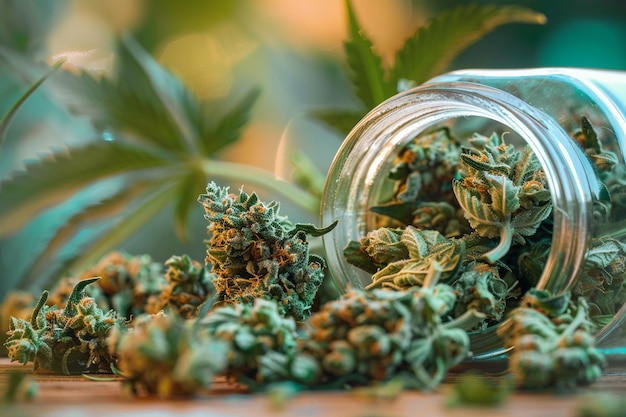 Foto los brotes de cannabis en un frasco con hojas frescas