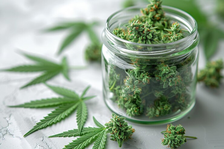Los brotes de cannabis en un frasco de vidrio sobre una mesa blanca