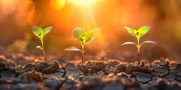 Los brotes de la esperanza Los pequeños brotes que crecen en la tierra seca agrietada Concepto Crecimiento de las plantas Resiliencia ambiental Rejuvenecimiento de la naturaleza Paisajes esperanzadores