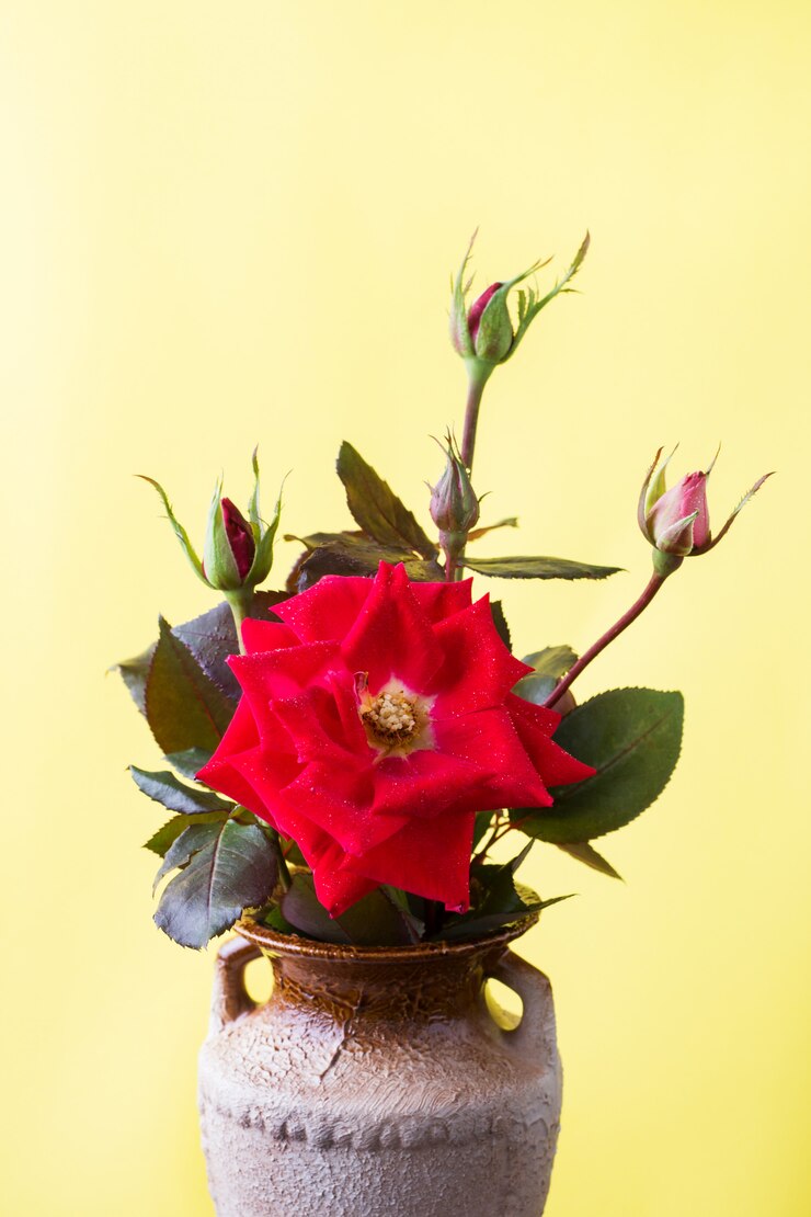 Brotes y flor rosa roja sobre amarillo