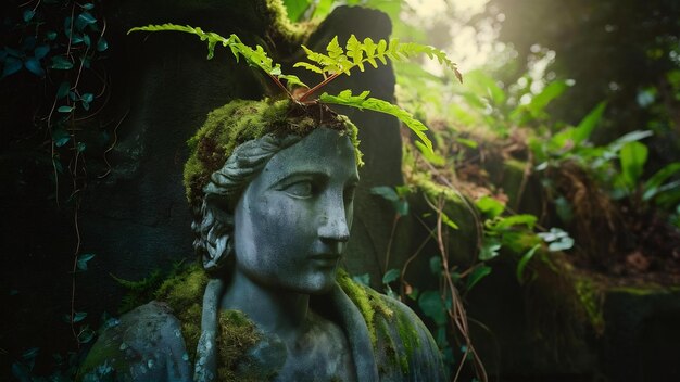 Foto los brotes jóvenes de helecho y el musgo en la cabeza de la antigua estatua