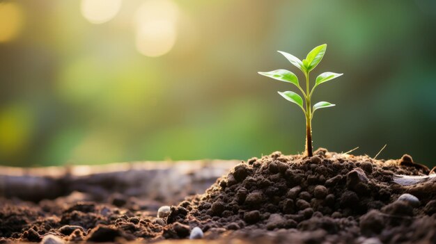 Los brotes jóvenes de las plantas que brotan de un suelo fértil contra el telón de fondo de la luz solar