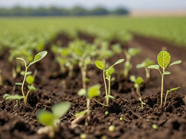 Brotes jóvenes de soja en el campo agrícola