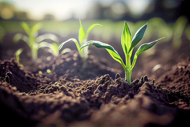 Brotes de maíz verde en el primer plano de campo IA generativa IA generativa