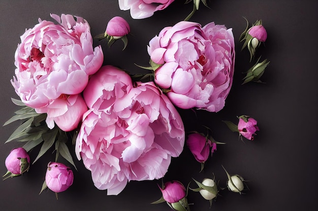 Brotes de peonías rosadas y blancas en el fondo oscuro