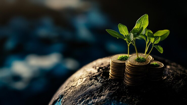 Los brotes de plantas emergen de las monedas en un globo oscuro que representa el crecimiento sostenible