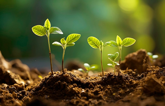 Foto brotes de plantas jóvenes verdes que crecen en suelos ricos en nutrientes