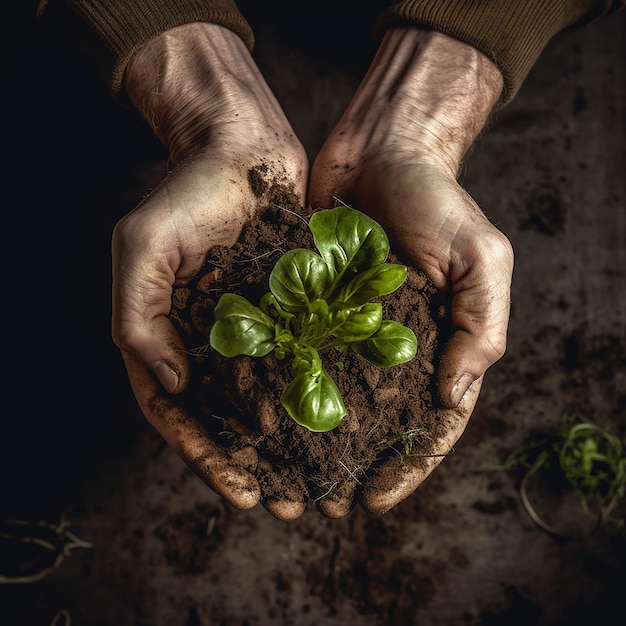 Brotes de plantas en manos de un hombre de cerca