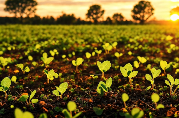 Brotes que crecen en camas Plantones verdes florecientes en el suelo Concepto de agricultura hortícola y productos orgánicos IA generativa