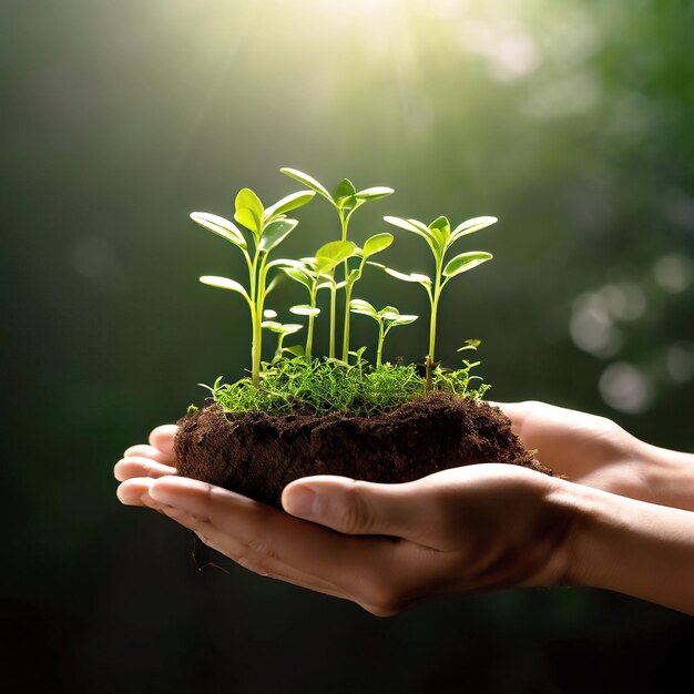 brotes verdes de la planta en las manos