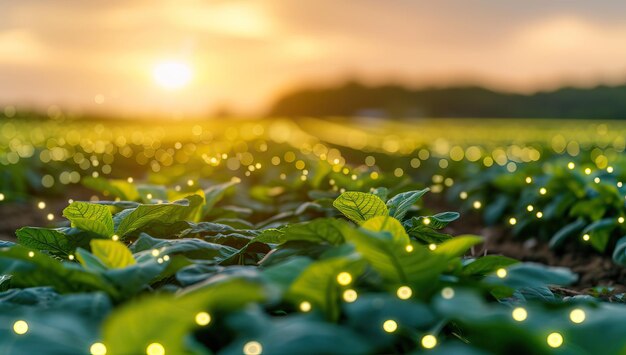 Brotes verdes de una planta Solanum sativum que crece en un campo al atardecer