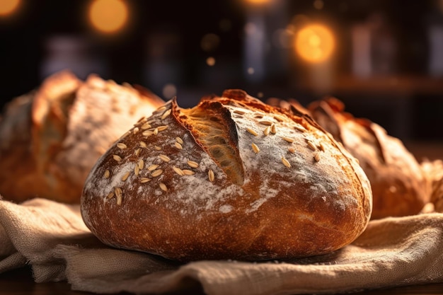 Brotlaibe Nahaufnahme Frisch gebackenes Brot, traditioneller Backwarenhintergrund Generative KI