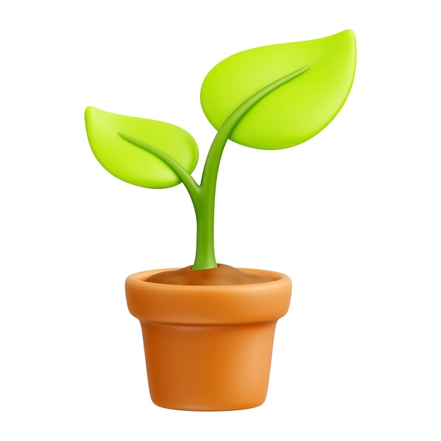 Foto broto verde dos desenhos animados com folhas no ícone 3d de pote laranja no fundo branco planta em vaso pequeno