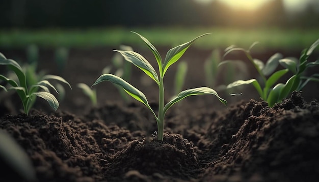 Brotos de milho verde fresco na primavera no campo Generative AI