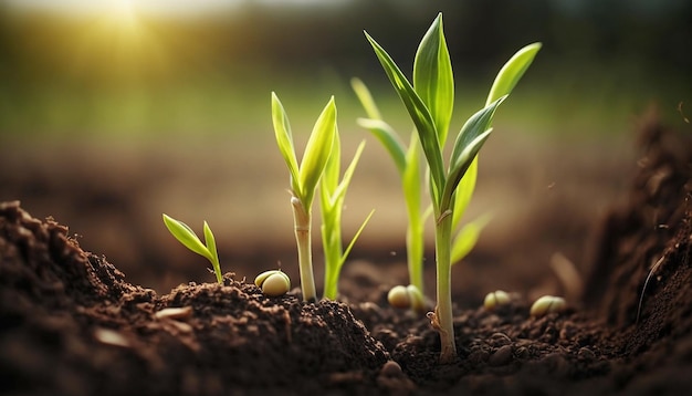 Brotos de milho verde fresco na primavera no campo Generative AI