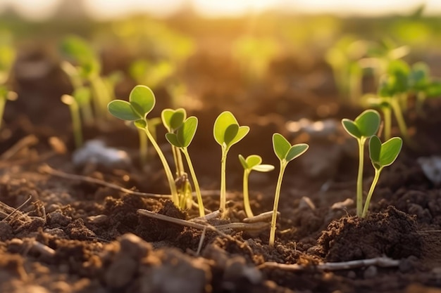 Brotos de soja germinados no corte de campo, você pode ver isso no chão e na superfície Generative AI