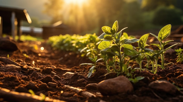 Brotos frescos de vegetais surgindo de solo fértil