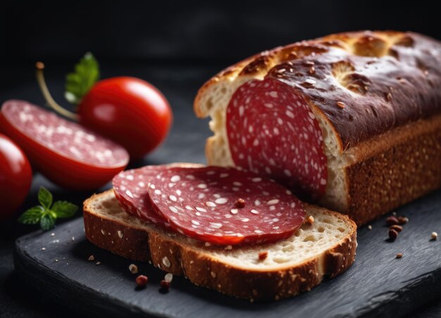 Brotscheibe mit Salami auf schwarzem Tisch. Eine herzhafte Komposition