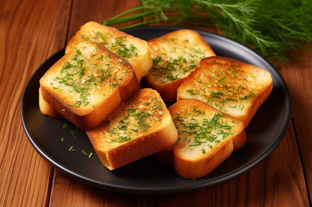 Brotscheiben auf einem Teller mit Dill darauf