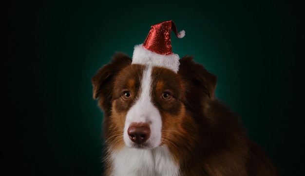 Brown Australian Shepherd Dog trägt rote Weihnachtsmütze auf dem Kopf Aussie red tricolor Studioportrait