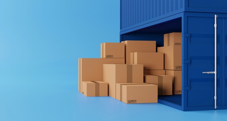 Foto brown-box-stapelung und container-box mit kopienraum. logistik- und speditionsdienstleistung. 3d-darstellung