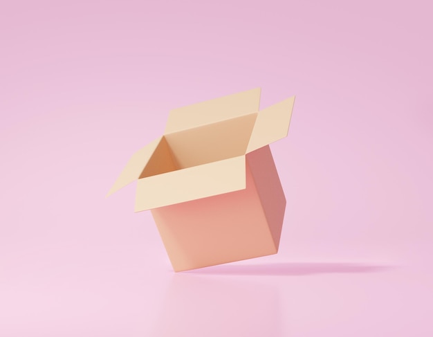 Brown-Box-Symbol oder offenes Geschenkpaket leer auf rosa Hintergrund Logistikkonzept für die Versandlieferung minimale Cartoon-niedliche glatte 3D-Darstellung