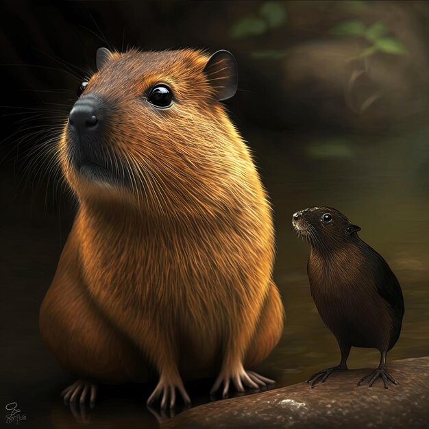 Brown Capivara com um pequeno gato preto