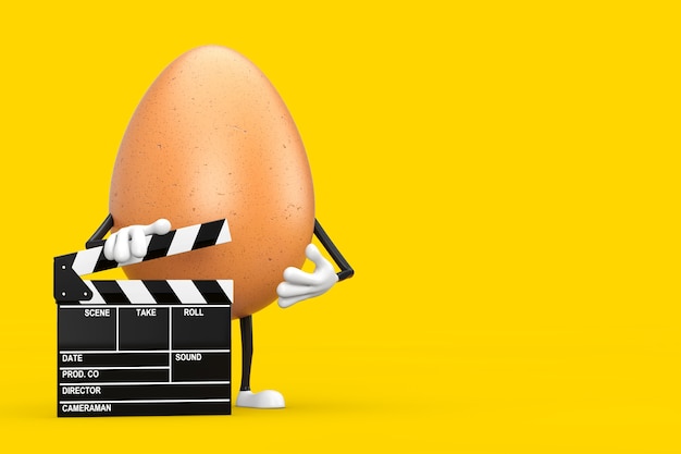 Brown Chicken Egg Person Character Maskottchen mit Film Clapper Board auf gelbem Hintergrund. 3D-Rendering