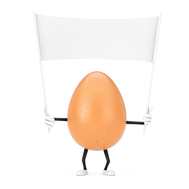 Brown Chicken Egg Person Character Maskottchen und leere weiße leere Banner mit freiem Platz für Ihr Design auf weißem Hintergrund. 3D-Rendering