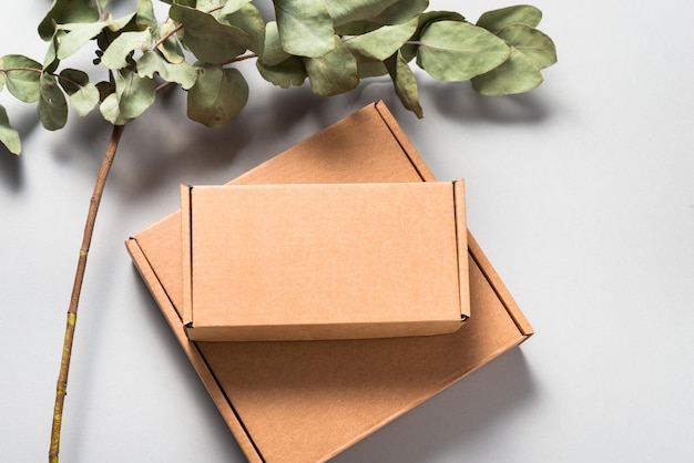 Brown Corrugated Cardboard Mailer Box auf Holzschreibtisch mit Eukalyptusblättern