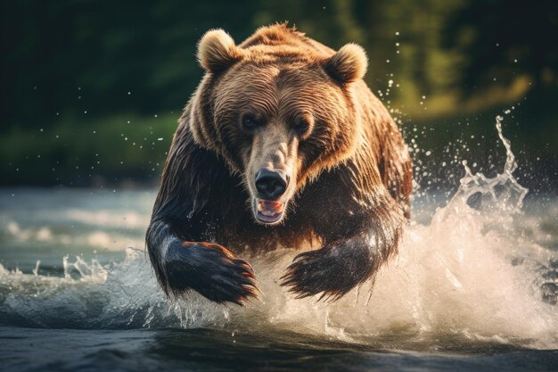 Brown Grizzly Bear pegando um salmão no rio AI generative