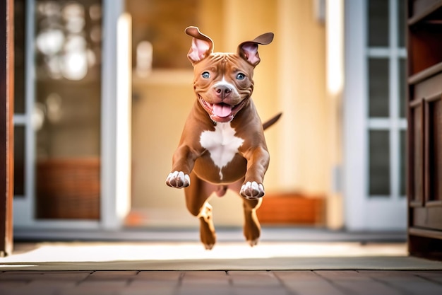 Brown Pitbull corriendo y saltando dentro de su casa