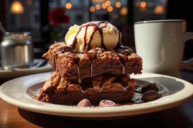 Foto brownie de almendras en una acogedora panadería con un aroma de café en el aire generativo ia