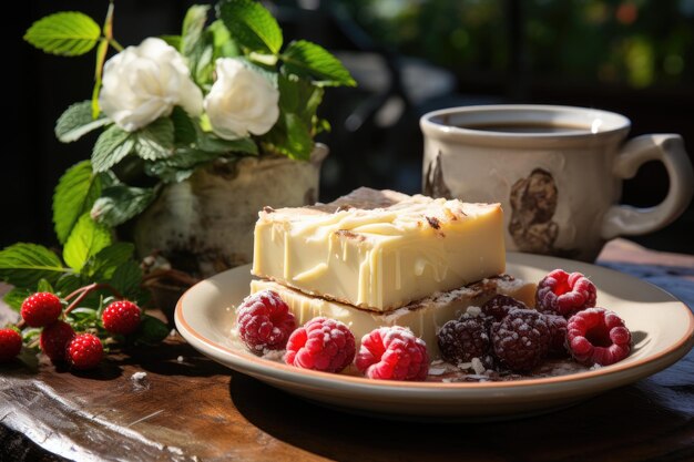 Brownie branco com framboesas e café gerador IA