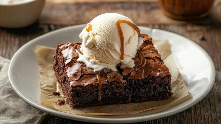 Un brownie con caramelo cubierto con una cuchara de helado de vainilla y una pizca de salsa de caramelo
