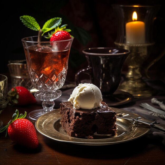 un brownie de chocolate con una bola de helado y fresas y un vaso de té