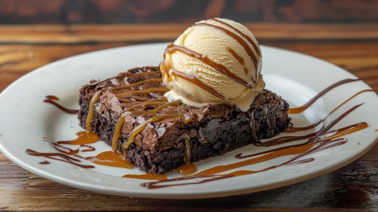 Un brownie de chocolate cubierto con una cuchara de helado de vainilla y salsa de caramelo en un plato blanco