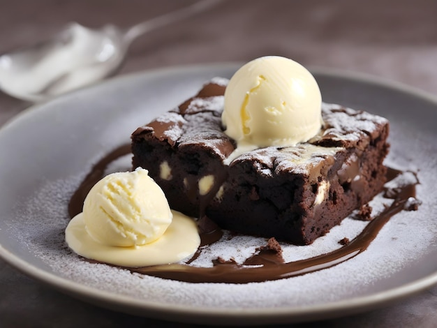 Brownie de chocolate con una cucharada de helado de vainilla